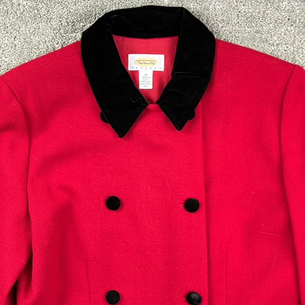 Vintage 90s Talbots Petites 12 Red Black Velvet Double Breasted Coat Dress USA